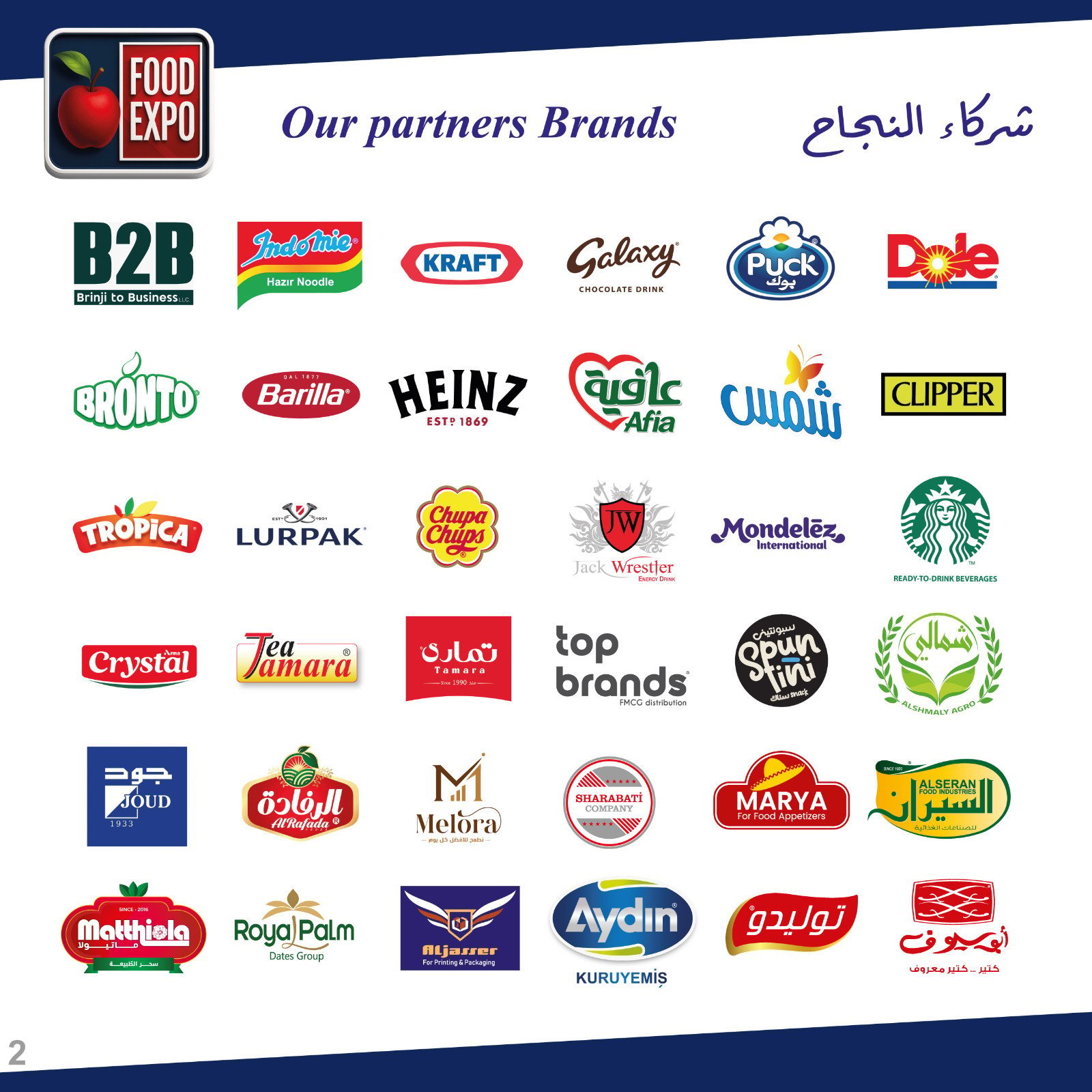 Logos of Food Expo partner brands including Kraft, Barilla, Heinz, Puck, Dole, Starbucks, and other food and beverage companies