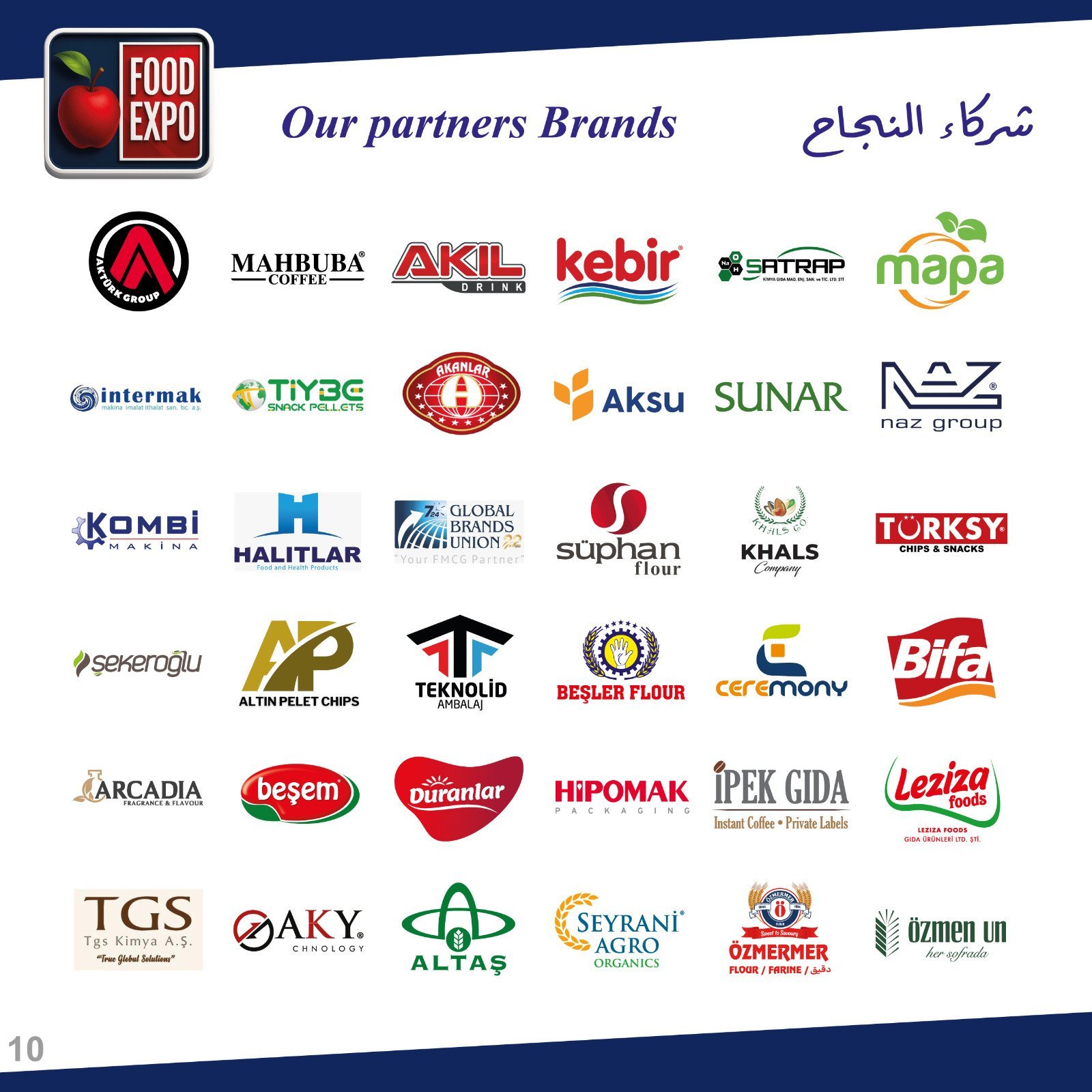 Food Expo partner brands logos featuring Turkish and international food companies including Mahruba, AKL, Kebir, Mapa, and others